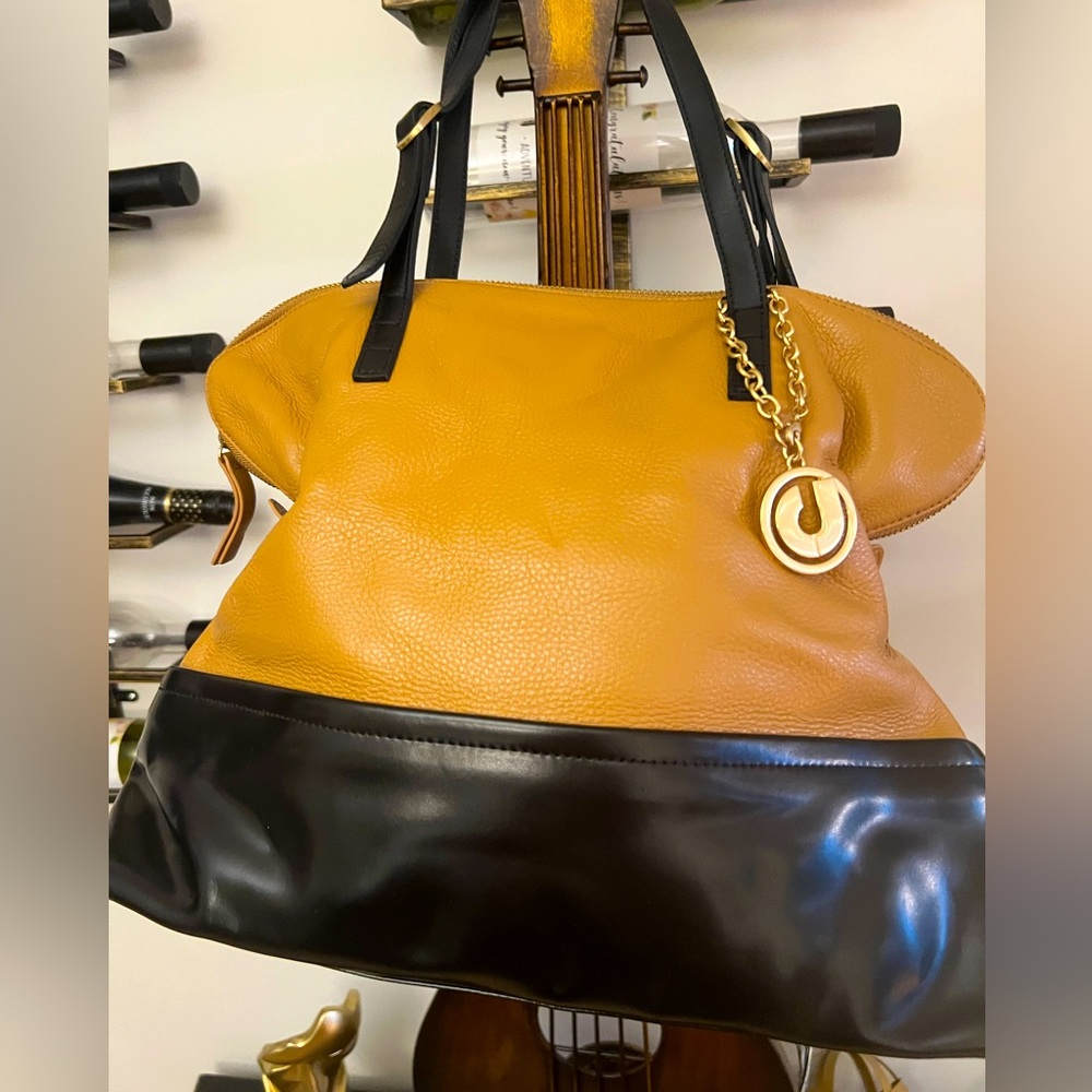 Charles Jourdan Two-Tone Leather Satchel Tote Bag with Charm